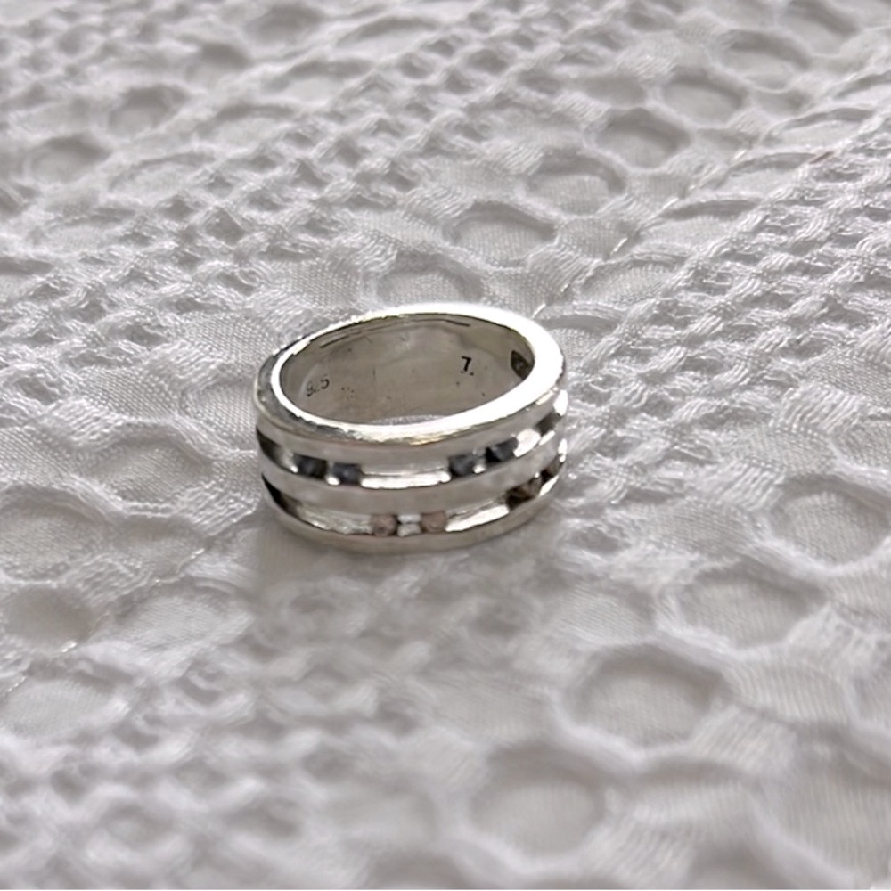 Unique Sterling Silver Band Set with Blue Aquamarine & White Sapphire Stones